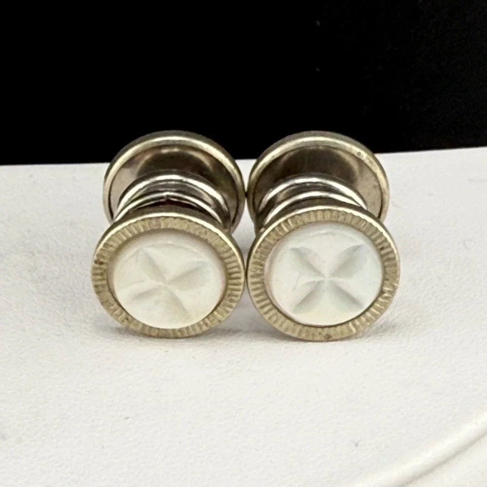Vintage‎ Cufflinks Silver Tone Snap Mother of Pearl